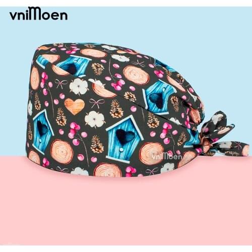 Wholesale 100%Cotton Cartoon Printing Medical Women Nurse Hats Adjustable Beautician Scrub Hat Pet Shop Lab Scrubs Cap