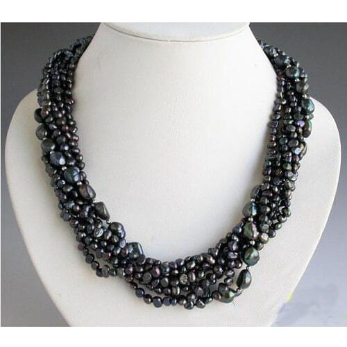 New Arriver Real Pearl Jewellery,8Rows 20inches 4-13mm Black Baroque Freshwater Cultured Pearl Necklace,Free Shipping