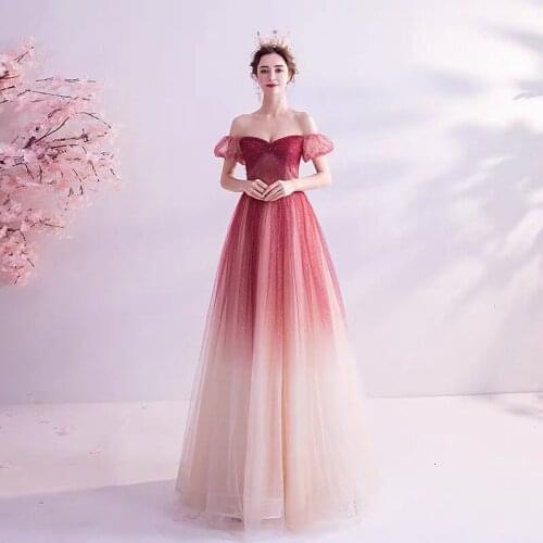 Sweetheart Prom Dresses 2020 Red Gradient Off Shoulder A-line Long Dressing Gown Beading Dress vestidos LE40771