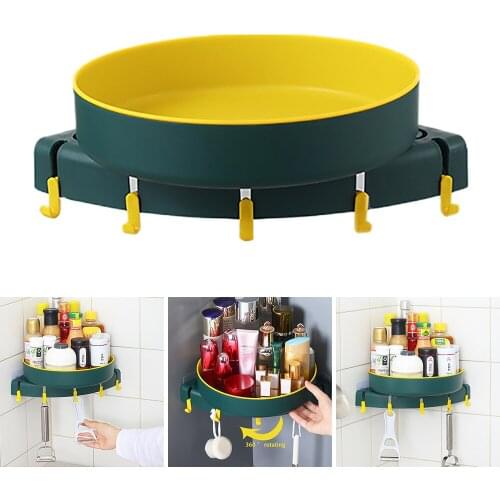 Punch-free Storage Rack with Hooks 360° Rotating Organizer Wall-mounted Corner Storage Shelf for Kitchen Bathroom Accessories