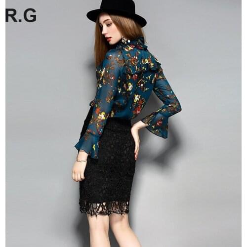 RG Fashion Floral Print Skirts Suit Blue Crop Tops Blouse and Black Lace Skirt Women 2Piece Set Suits Costumes for Women