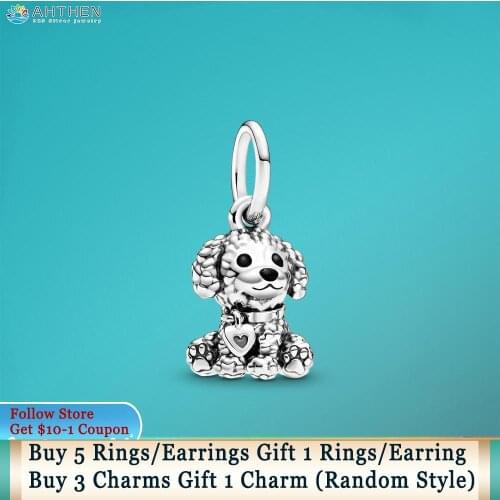 Ahthen 925 Sterling Silver Beads Poodle Puppy Dog Dangle Charms fit Original Pandora Bracelets for Women Jewelry Making Gift