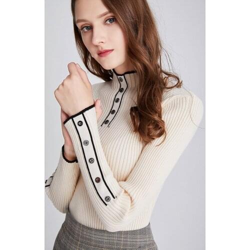 New Women Autumn Contrast Color Knitted Sweater Solid Knitted Female Ribbed Soft Elastic Pullovers Button Full Sleeve Turtleneck