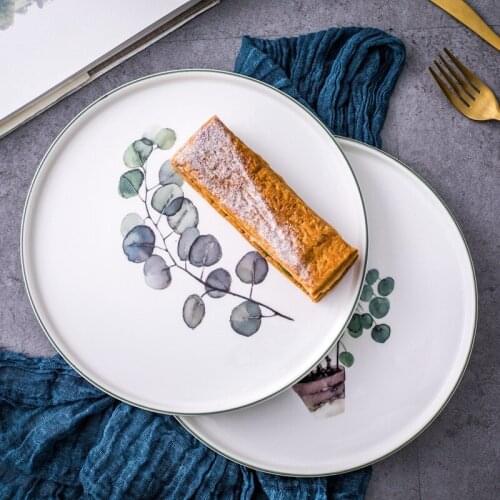 Bone Porcelain Breakfast Plate Steak Plate Western Snack Plate 9 Inch Green Plant Tray Plates and Bowls