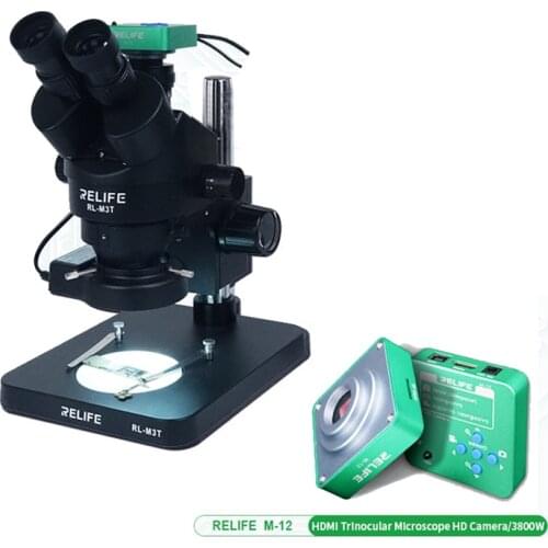 RELIFE Trinocular Stereo Microscope 0.7-4.5X Continuous Zoom Microscope With Camera for Phone PCB Electronic Repair Device RL-M3