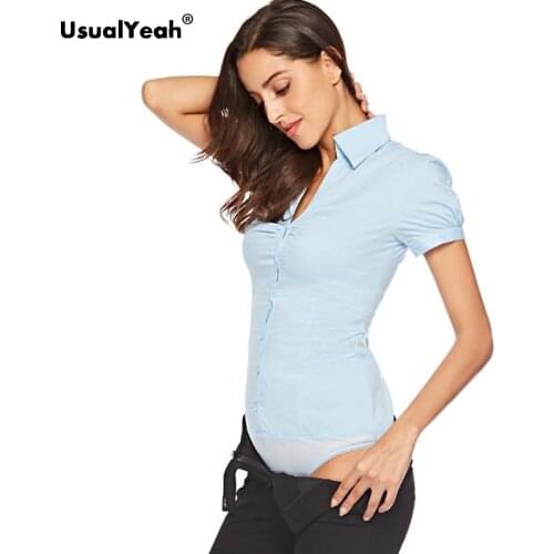 UsualYeah Pure Women Formal Shirts Short Sleeve Body Shirt Turn-down Collar V Neck Pleated Shirts and Blouses white blue S - XXL
