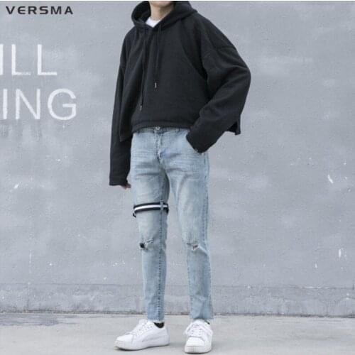 VERSMA Hip Hop Streetwear Ripped Skinny Jeans Men BF Punk Pants Blue Denim Moto Patch Rock Male Jeans Pants for Men Dropshipping