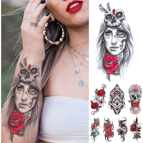 Waterproof Temporary Tattoo Sticker Skull Rose Girl Zombie Tattoos Rose Heart Arrow Body Art Arm Fake Sleeve Tatoo Women Men