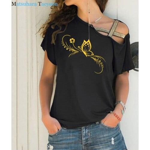 New Butterfly Flower T-Shirt Women Cotton Short Sleeve Female funny T-shirts Fashion Tshirt Irregular Skew Cross Bandage Tees