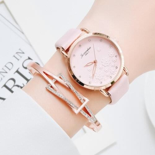 Women Diamond Watch Flowers Round Dial Bracelet Watches Set Ladies Leather Band Quartz Wristwatch Female Clock Zegarek Damski