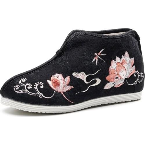 Lotus Embroidery Ladies Cotton Mid-top Short Boots Warm Fleece Lining Winter Chic Elegant Women Jacquard Flat Platform Shoes