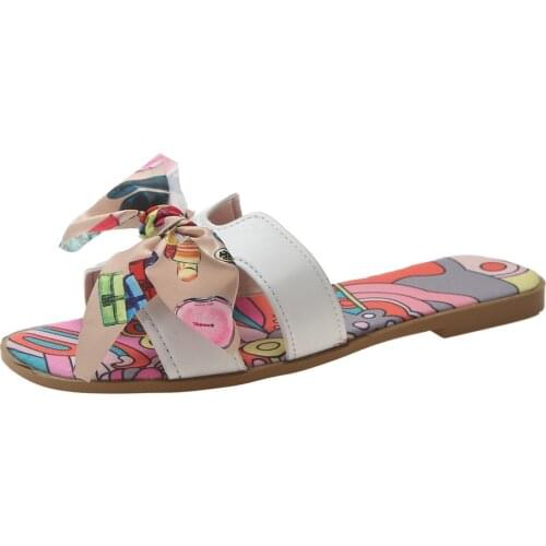 Womens Slippers 2021 Korean version net red bow summer beach slippers flat Slippers Women