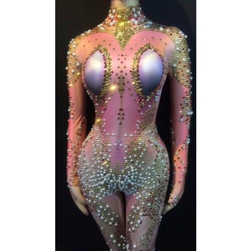 Colorful Crystals Leggings Jumpsuit Womens Evening One-piece Costume Luxury Bodysuit Female Rhinestone Pearl Skinny Rompers