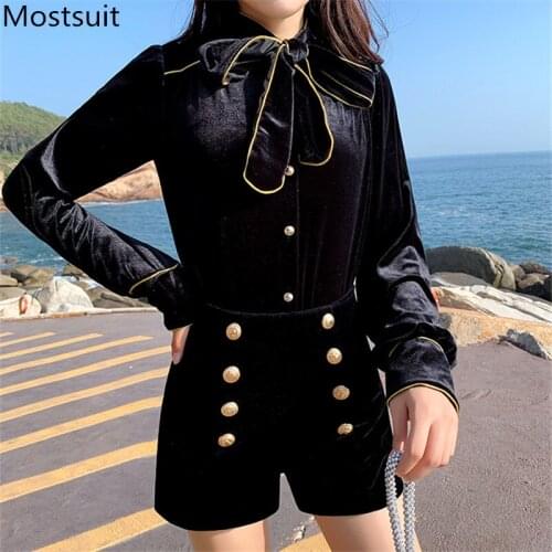 2020 Spring Black Velvet 2 Piece Shorts Suits Sets Women Bow Skirt + Golden Buttons Shorts Suits Vintage Korean Office Sets