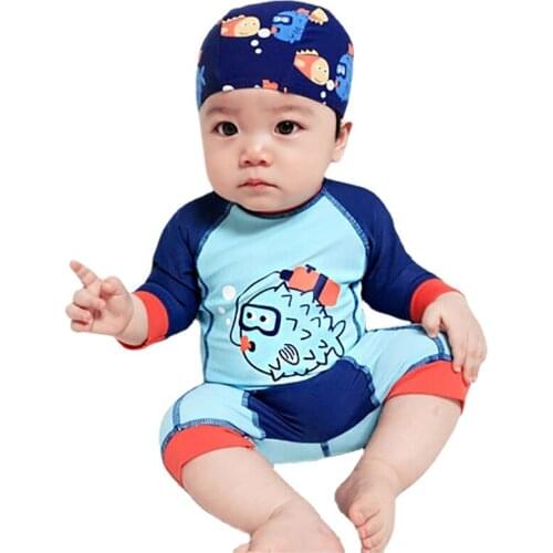 1-10Y Boy Swimwear Baby Kids Long Sleeve One Piece Swimsuit Blue Fish Toddler Boy Swim Suits Baby Bodysuit Children Bathing Suit