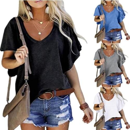 Spring and summer womens solid color lotus leaf sleeve loose V-neck short-sleeved top T-shirt women