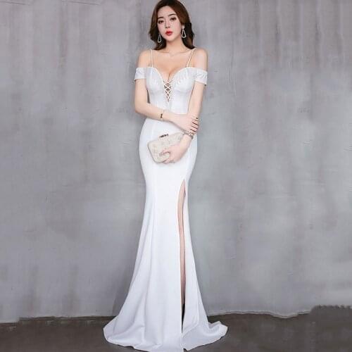 Corzzet Sexy Style Party Off Sholder Formal Dresses Vestido White Beading Cross Bandage Long Mermaid Slit Wedding Party Dress