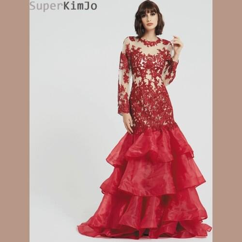 SuperKimJo 2019 New Arrival Formal Dress Long Sleeve Lace Applique Evening Dresses Elegant Tiered Burgundy Evening Gown