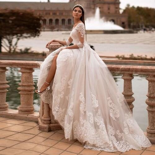 Fanweimei Lace Vintage Wedding Dresses V-Neck Lace Long Sleeves Wedding Gown Princess Bridal Dresses vestidos boho