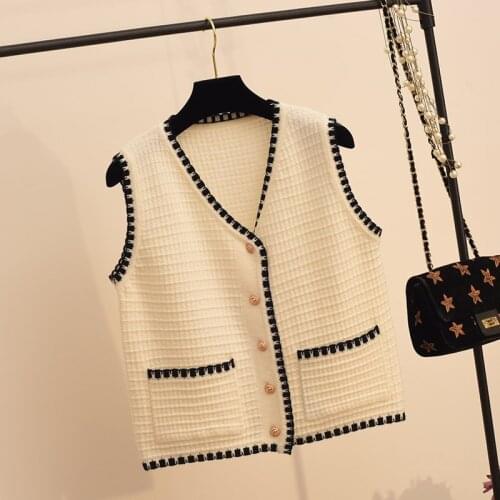 2021 Spring Autumn Womens Vest Japan Vintage Tops V-neck Knit Sweater Coat For Women Pocket Single Breasted Sleeveless Cardigan