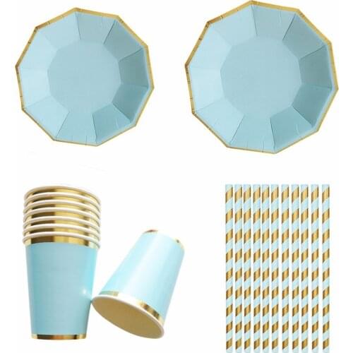 Gold Blocking Pure Sky Blue Color Disposable Tableware Set Paper Plates Cups Straws Party Christmas Carnival Tableware Supplies