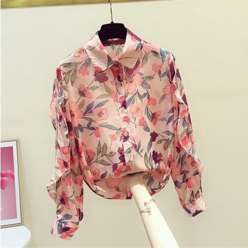 2021 Summer New Flower Women Shirts Ruffles Long-sleeved Loose Lady Elegant Shirts Outwear Coat Tops Top Quality