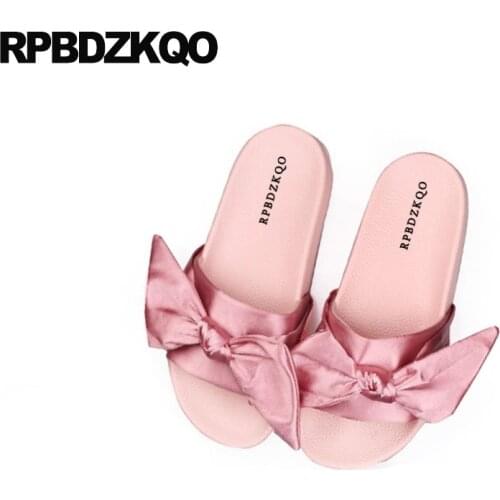 2018 Satin Open Toe Bowtie Cute Soft Ladies Slip On Bow Slides Gold Kawaii Women Sandals Flat Casual Shoes Embellished Pink