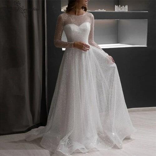 Shinny Satin Wedding Dresses Women Sheer V-Neck Backless Long Sleeve Bridal Gowns for Bride Plus Size Vestido De Noiva