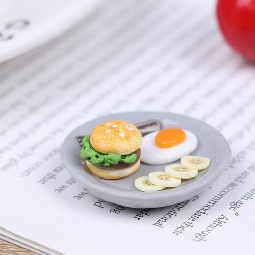 1:12 Hamburger Egg Dish with Tray 1:12 Miniature Breakfast Set Dollhouse Kitchen Food Accessories