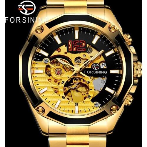 FORSINING Automatic Mechanical Men Wristwatch Military Male Clock Top Brand Luxury Gold Stainless Steel Skeleton Man Watch 8207