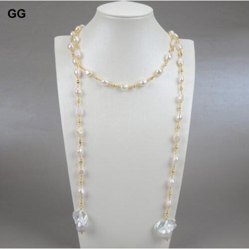 GG Jewelry Freshwater White Keshi Pearl White Baroque Pearl Mixed Color Cubic Zirconia Pave Chain Long Necklace Women Jewelry
