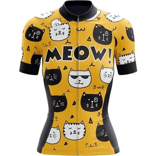 2021 Yellow Funny Cat Bicycle Shirt Summer Road Bike Jersey Women Cycling Clothing Ladies MTB Jersey Tops Ropa Bicicleta Mujer