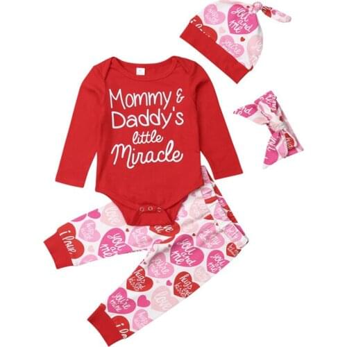 Valentines Day Newborn Baby Girl Clothes Red Long Sleeve Bodysuits Heart Patterns Pants Headband Hat 4pcs Set