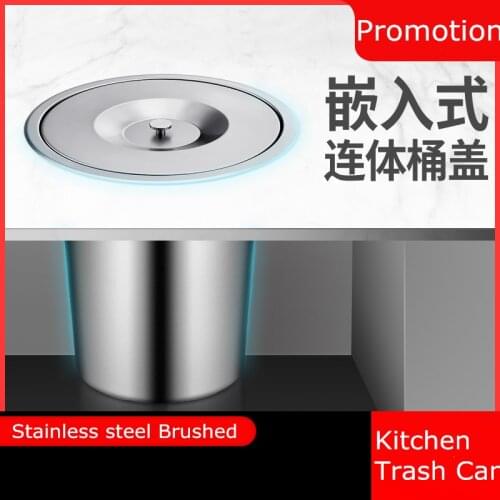Kitchen Countertop Embedded Trash Can Household Trash Bin Desktop Sink Cabinet 304 Stainless Steel Invisible Cleaning Bucket