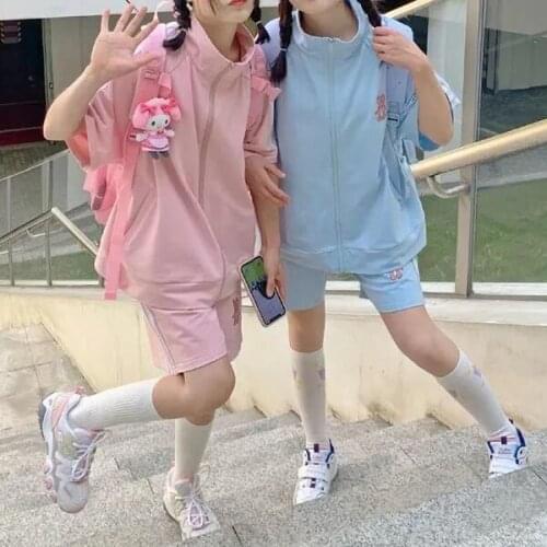 Summer new soft girl forest cartoon jacket female student + loose wild casual sports shorts two-piece tide