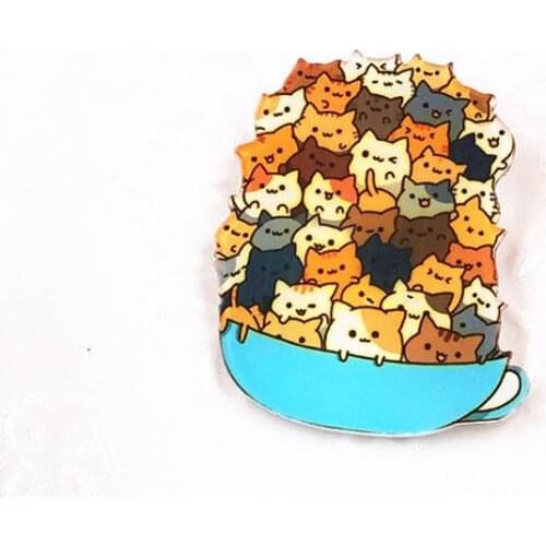 Top Selling 1Pcs Cats In The Cup Cartoon Harajuku Icon Brooches Acrylic Badges Pins on The Backpack Clothing Hat Shoes