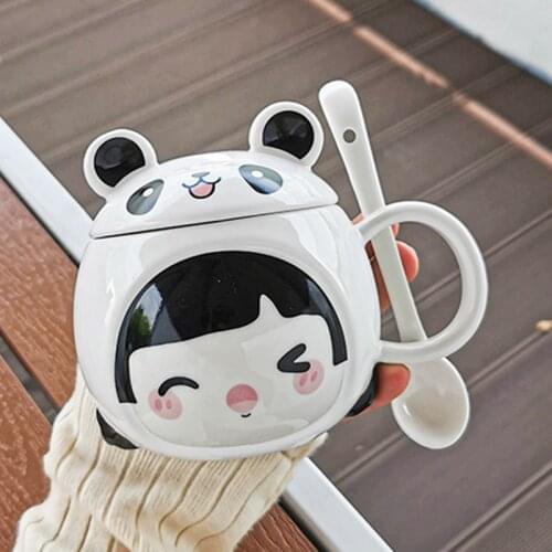 Cartoon 3D Three-dimensional Embossed Animal Coffee Mugs Ceramic Cups With Lid Spoon Office Home Tea Cup For Friends Sweet Gifts