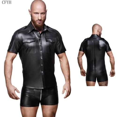 Men Sexy Faux Leather Tight Short Sleeve Shirt Stage Nightclub Costume Men Short-Sleeved Shirts Faux Leather Gay Wear