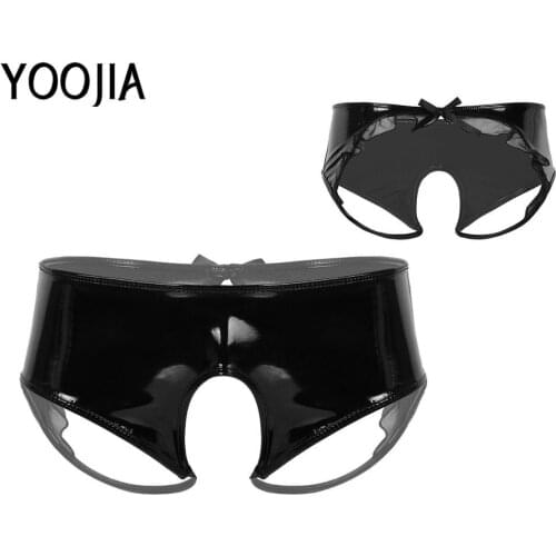 YOOJIA Mens Patent Leather Lingerie Open Crotch Sexy Underwear Sheer Organza Trim Sissy Briefs Underwear Panties Party Clubwear