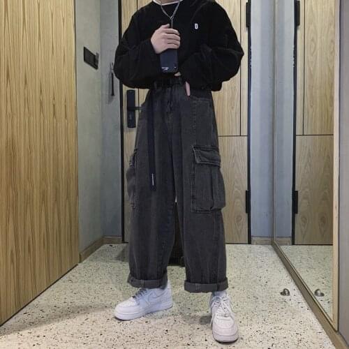 Men Black Baggy Jeans Big Pockets 2020 Kpop Hip Hop Harem Pants High Waisted Vintage Oversized Denim Pants