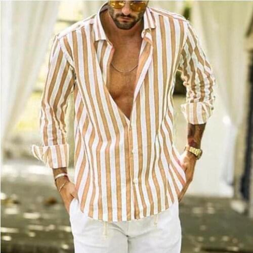 Men shirts Fashion Turndown Collar Vertical Stripes Loose Button Long Sleeve Men Shirt Top Mens Clothing рубашка 2021