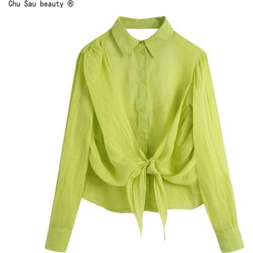 New Sexy Backless Long-Sleeve Casual Chic Womens Solid Color Buttoned Folds Shirt 2021 Spring Autumn Shirt Knotted Top