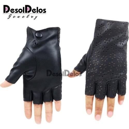 DesolDelos Ladies Fingerless Gloves Breathable Soft Leather Gloves for Dance Party Show Women Black Half Finger Mittens R006