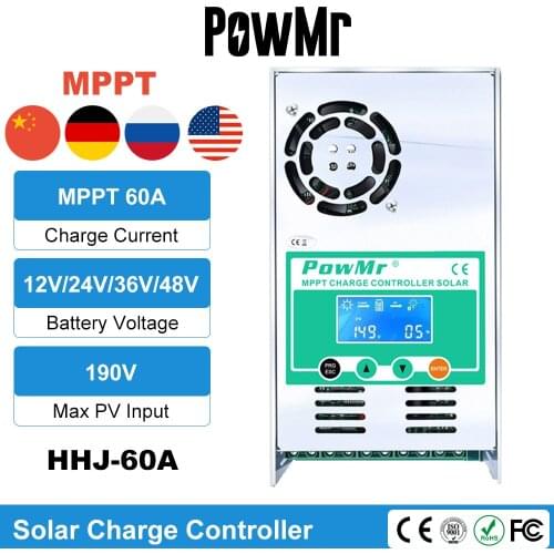 PowMr MPPT 60A Solar Charge Controller Accurate 12V 24V 36V 48V Auto For Max 190VDC PV Panel Input With Backlight LCD Display