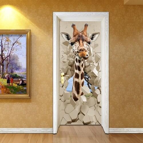 PVC Waterproof Self-adhesive Stickers PVC 3D Photo Wallpaper Cartoon Giraffe Creative Poster Door Mural Wallpaper Kids Bedroom