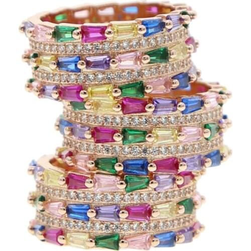 Rose gold color rainbow cz ring full cz eternity band stack stacking wide band colorful rings