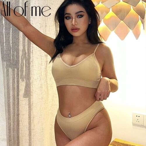 Thong + Bra Women Sexy Underwear Brassiere Female Tops Panties Bralette Intimates Lingerie Stretchy Ribbed Tank Crop Tops Set