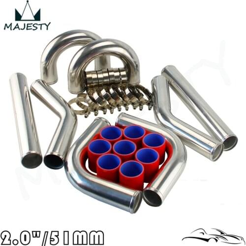 TURBO INTERCOOLER PIPE 2" CHROME ALUMINUM PIPING PIPE TUBE+T-CLAMPS+SILICONE HOSES RED