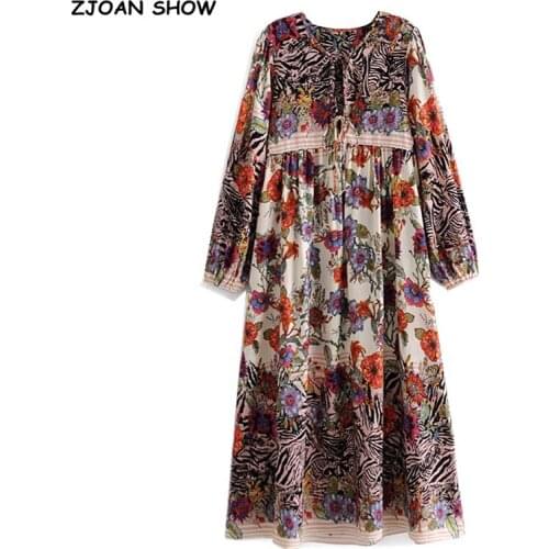 Bohemian Bandage Lacing up Collar Location Flower Print Women Dress Ethnic Long Sleeve Maxi Long Bohemian Dresses Holiday Beach