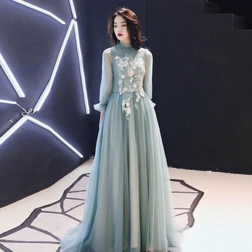 Evening Dress 2020 New Fashion High Neck Full Sleeve Appliques Flower Illusion Three Quarter Sleeve Prom Dress Floor Length